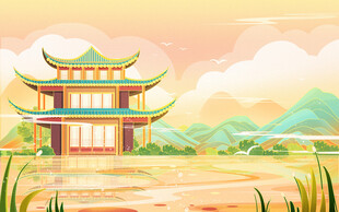 中式古风楼阁山水美景