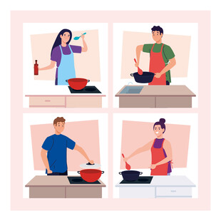 四人厨房烹饪瞬间