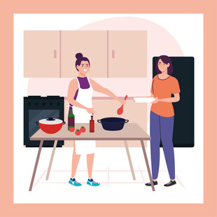 厨房中两人愉快烹饪场景