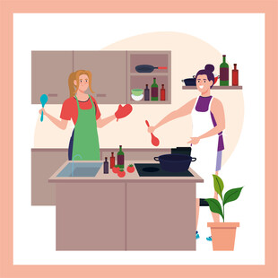 夫妻厨房协作烹饪温馨场景