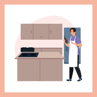 男子厨房手持平板查看食谱