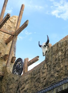 石墙旁探头的带角动物