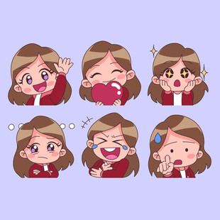 女孩多样表情卡通插画