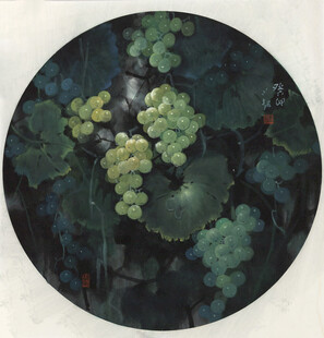 圆形画布上的葡萄与绿叶