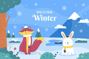 冬日动物雪景欢迎插画