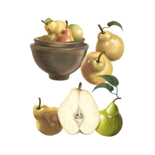 碗中与旁侧的多样梨子