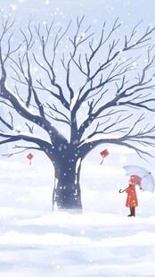雪中小女孩与挂灯的树