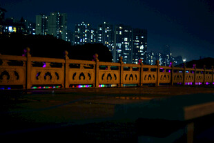 城市夜景下的河畔护栏
