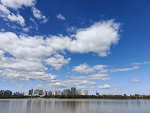 蓝天碧水间的城市风光