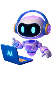 紫色AI机器人操作笔记本电脑