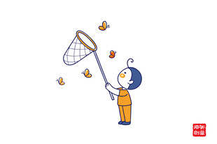 小孩持网捕蝴蝶瞬间