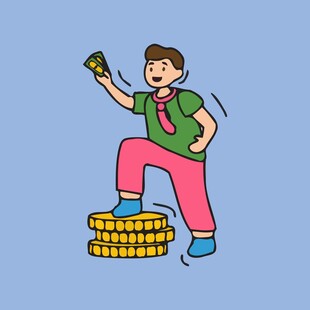 男子踩金币手持钞票