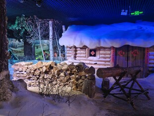 木屋旁的木柴与户外桌椅