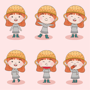 戴草帽女孩的多样表情动作