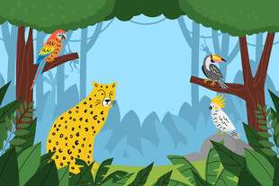 丛林中的猎豹与多彩鸟儿