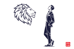 人与狮的对视剪影