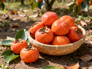 竹篮中的新鲜成熟柿子