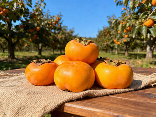 木桌上摆放的新鲜柿子