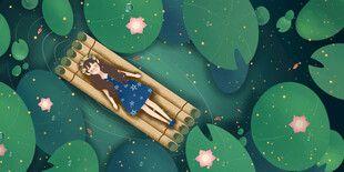 女子躺竹筏于荷花莲叶间