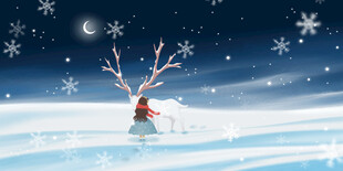 雪夜驯鹿的梦幻冬日景象