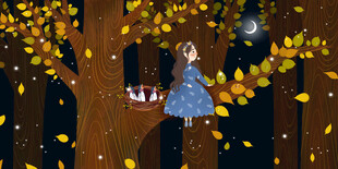 女孩夜中倚树赏落叶