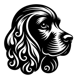 卷毛猎犬头部黑白插画