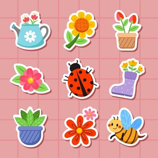 可爱花卉昆虫贴纸图案