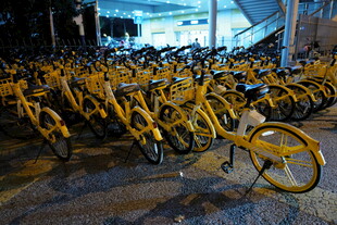 夜间停放的大批黄色共享单车