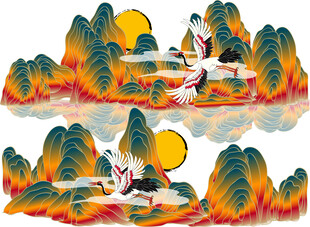 中式山水仙鹤插画艺术