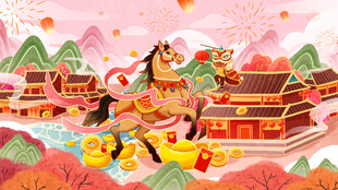 马年横板新年春节插画海报