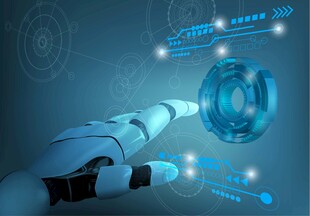 机器人手触碰蓝色科技球体