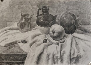 静物素描陶罐水果组合