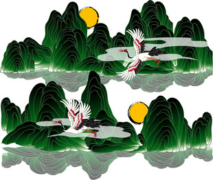 水墨山水间的仙鹤与明月