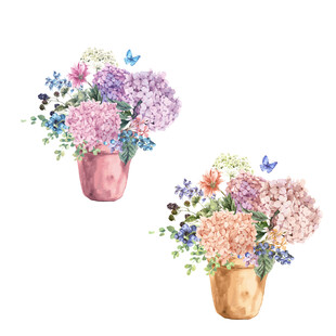 两盆多彩花卉插画