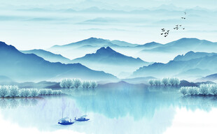 水墨山水间的悠然泛舟景