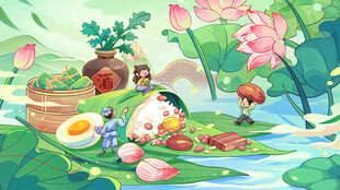 荷塘童趣端午节包粽子美食插画