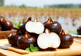 荸荠摆放在木盘上