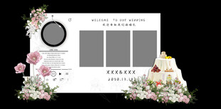 白绿粉色婚礼照片墙甜品区