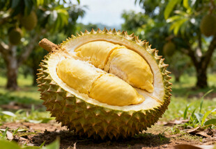 剥开的榴莲果肉展示