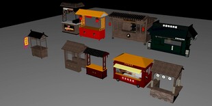 c4d中国风 摊位 摆摊车