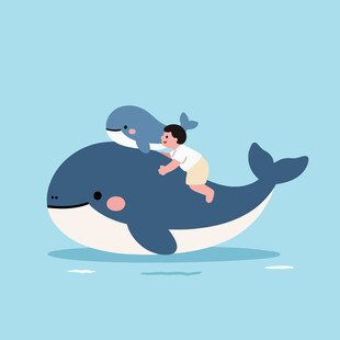 小孩骑在鲸鱼背上的梦幻场景