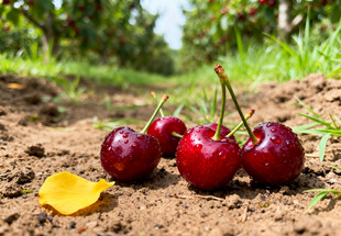 樱桃在果园泥土地上