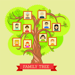 色彩缤纷的树与装饰家庭成员