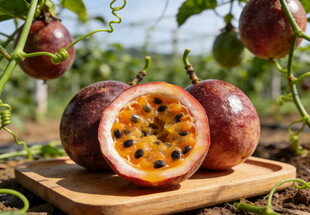 百香果摆放在木托盘上