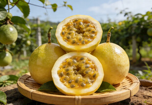 竹盘上切开的百香果