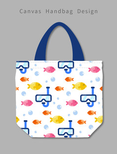 多彩鱼图案手提帆布包