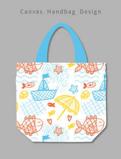 多彩鱼类图案帆布手提包