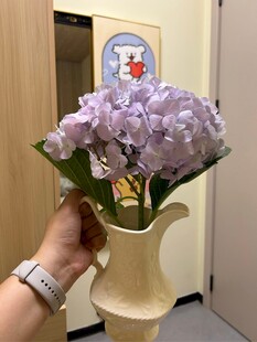 手捧紫花插于米色花瓶