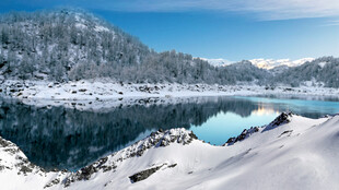 冬日雪覆湖畔美景