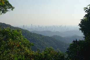 山林间远眺城市朦胧景致